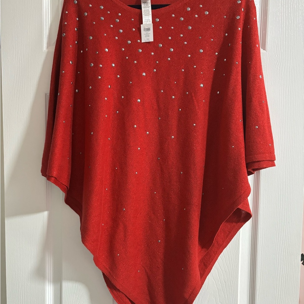Beautiful NWT Chico's Red Poncho with Silver Dots - Size L/XL
